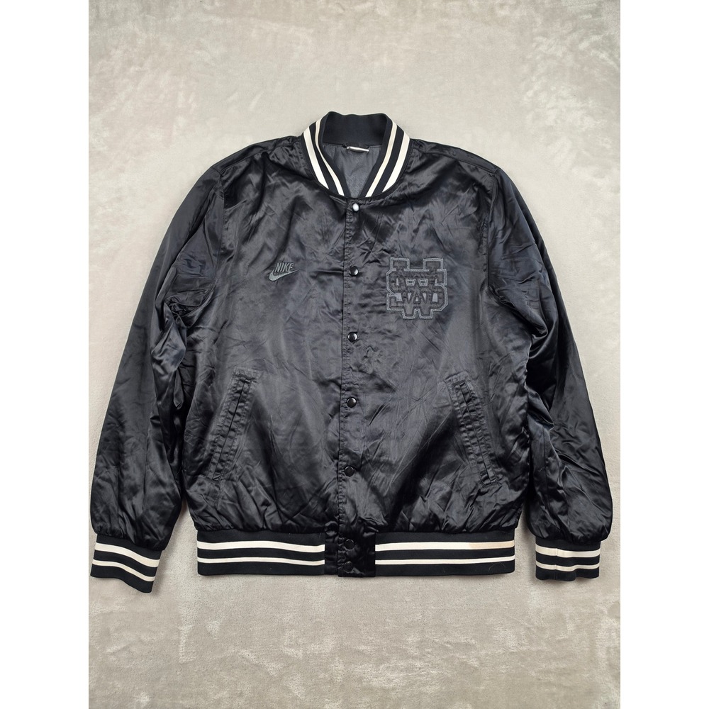 Nike Varsity Jacket Mens L Black‎ Satin Snap Front NSW Beaverton Oregon Y2K